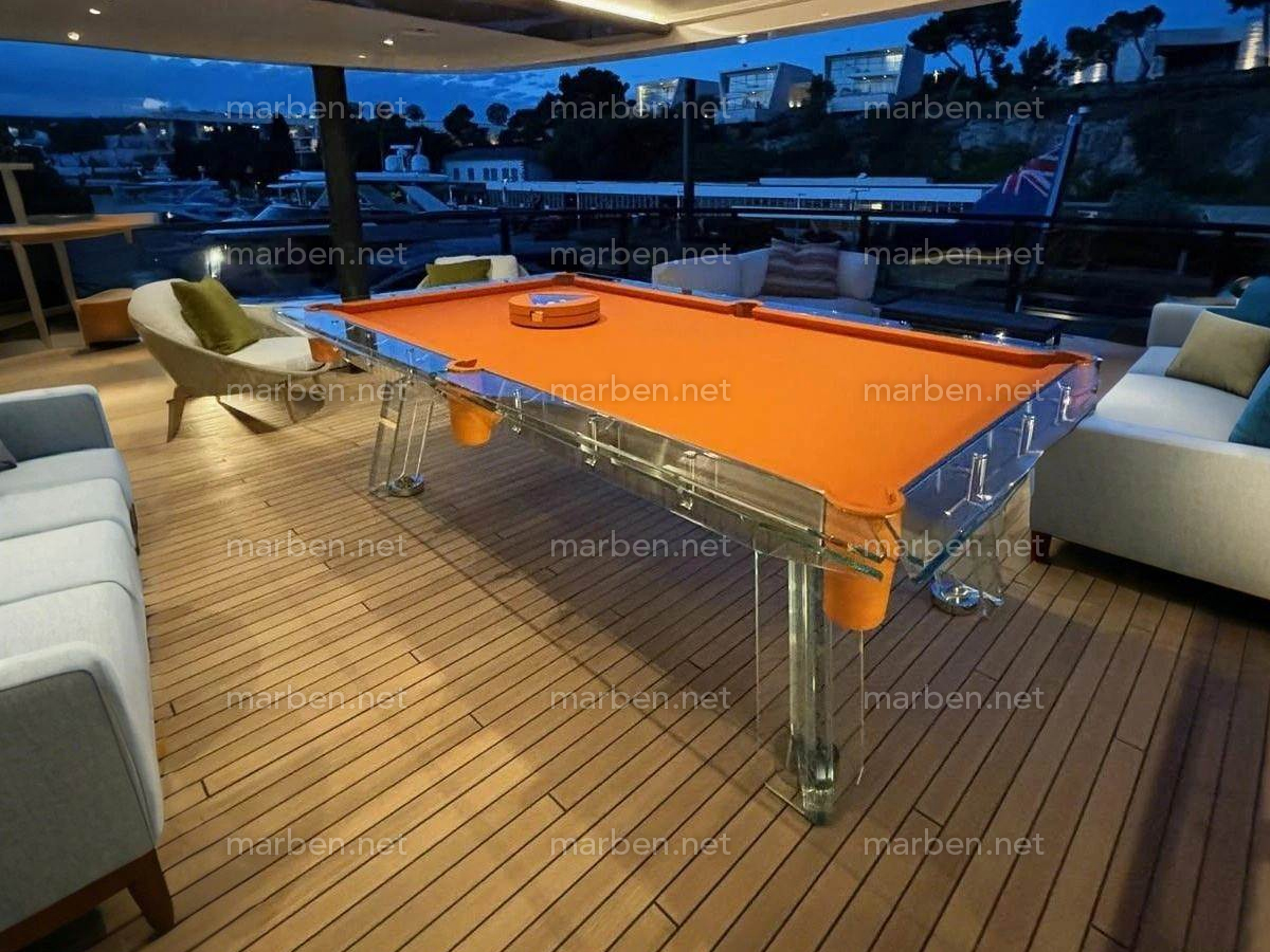 MESA DE BILLAR LUXURY GLASS1,  DE CRISTAL TEMPLADO ESTRUCTURA DE ACERO INOXIDABLE, 7FT ó 8FT